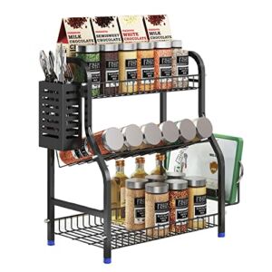 junyuan 3-Tier Spice Racks, Kitchen Countertop Organizer With Cutting Board Storage Holder, Cutlery Chopsticks Shelf and 3 Hooks (Black)