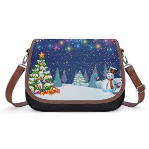 Satchel Bag For Women Merry Christmas Background Cute Snowman Tree Waterproof Leather Crossbody Handbag Messenger Bag For Ladies
