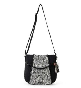 Sakroots Foldover Crossbody Bag in Cotton Canvas, Multifunctional Purse with Adjustable Strap & Zipper Pockets, Black & White Soulful Desert 2