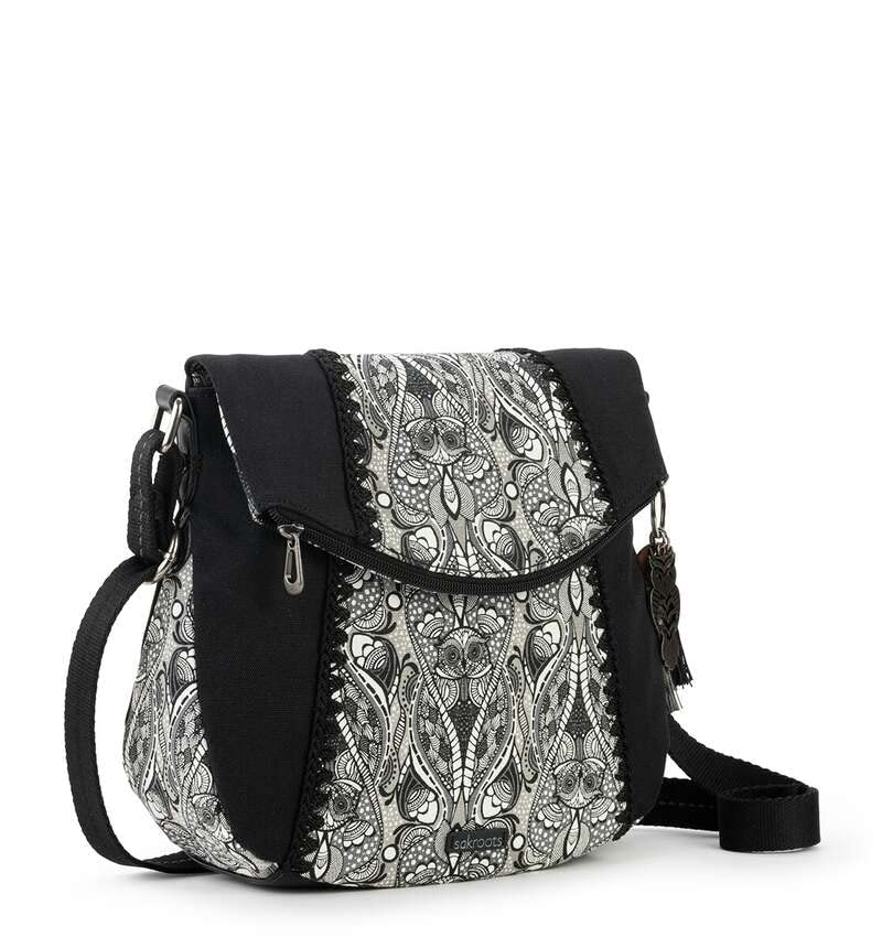 Sakroots Foldover Crossbody Bag in Cotton Canvas, Multifunctional Purse with Adjustable Strap & Zipper Pockets, Black & White Soulful Desert 2 | The Storepaperoomates Retail Market - Fast Affordable Shopping