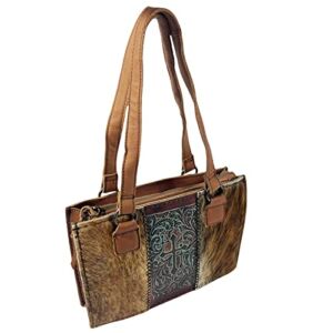 Urbalabs Western Genuine CowHair Tooled Crosses Leather Purse Handbag Tote Bag for Women with Zipper Hand Stitched (Brown)