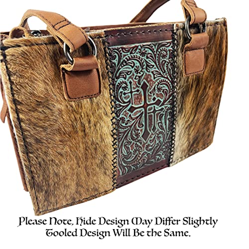 Urbalabs Western Genuine CowHair Tooled Crosses Leather Purse Handbag Tote Bag for Women with Zipper Hand Stitched (Brown) | The Storepaperoomates Retail Market - Fast Affordable Shopping