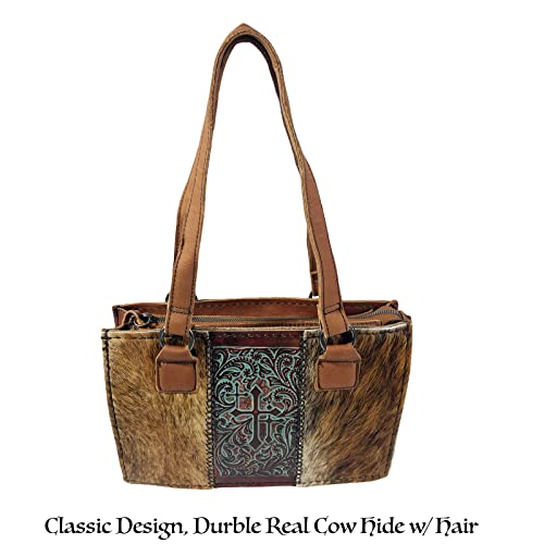 Urbalabs Western Genuine CowHair Tooled Crosses Leather Purse Handbag Tote Bag for Women with Zipper Hand Stitched (Brown) | The Storepaperoomates Retail Market - Fast Affordable Shopping