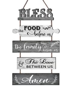 Buecasa Bless the Food Before Us Farmhouse Kitchen Wall Decor – Dining Room Decorations Collage Wall Art in White Grey Color – Wooden Rustic 5pcs Roped Wall Sign 13×24 Inches Vertical