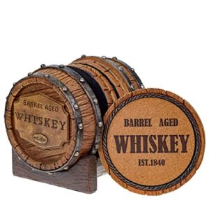 Pine Ridge Whiskey Barrel 5pcs Drink Coaster with Holder, Barrel Aged Whiskey Est. 1840 Unique Bar Decor & Accessories, Beer & Whiskey Glass Coaster – Modern Home Decorations for Kitchen and Dining
