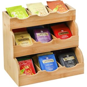 Lyellfe Tea Bag Organizer, Vertical Bamboo Tea Bag Holder, Tea Bag Tray Caddy to Hold 180 Tea Bags, 3 Tier Rustic Coffee Condiment Holder Storage Caddy for Home, Office or Café, 9 Compartments