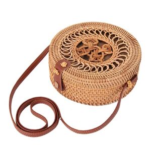 Beach Bag for Women Boho Bag Crossbody Purse Rattan Handwoven Round with Leather Strap Riangie