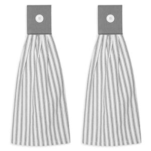 Cackleberry Home Alloy Gray and White Ticking Stripe Hanging Kitchen Dish Hand Towel Cotton with Button Accent, Set of 2