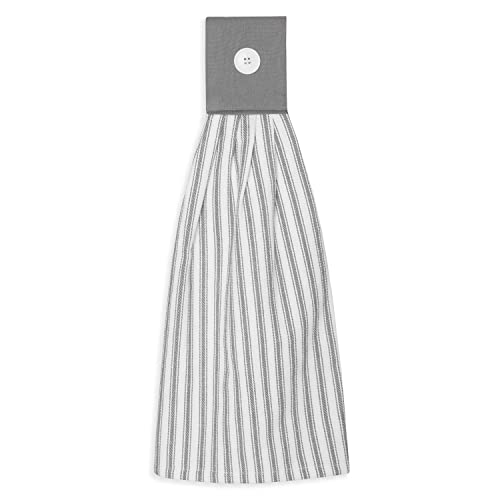 Cackleberry Home Alloy Gray and White Ticking Stripe Hanging Kitchen Dish Hand Towel Cotton with Button Accent, Set of 2 | The Storepaperoomates Retail Market - Fast Affordable Shopping