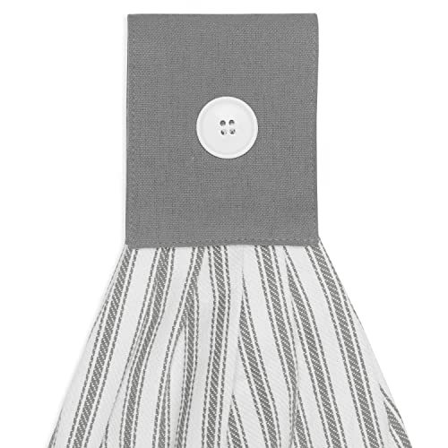 Cackleberry Home Alloy Gray and White Ticking Stripe Hanging Kitchen Dish Hand Towel Cotton with Button Accent, Set of 2 | The Storepaperoomates Retail Market - Fast Affordable Shopping