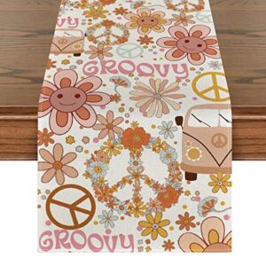 Artoid Mode Hippie Daisy Flower Peace and Love Table Runner, Wreath Float Groovy Kitchen Dining Table Decoration for Outdoor Home Party 13×72 Inch