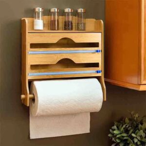 MCMACROS Foil and Plastic Wrap Organizer 3 in 1 Wrap Dispenser with Cutter, Plastic Wrap, Aluminum Foil and Wax Paper Dispenser for Kitchen Drawer, Bamboo Paper Towel Holder, Compatible with 12″ Roll