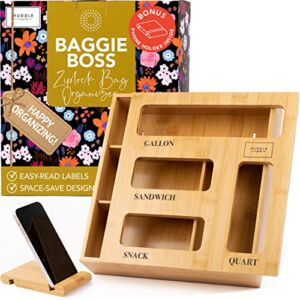 BAGGIE BOSS Ziplock Bag Organizer – Easy-Find Etched Labels, Easy-Load Lid, Space-Save 4 Slot Bamboo Ziplock Bag Organizer for Drawer, Counter, Wall Baggie Organizer Sandwich Bag Organizer for Drawer
