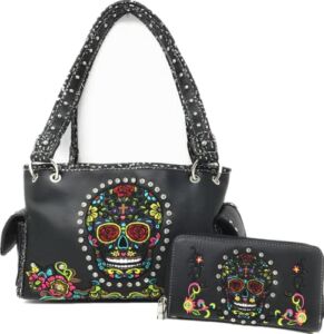 Texas West Women’s Embroidered Metal Skull Purse Handbag and Wallet set in 7 colors (Black Candy Skull set)