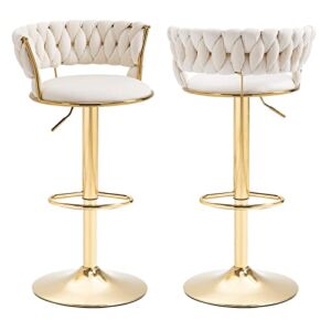 Velvet Swivel Bar Stools Set of 2, Adjustable Counter Height Bar Stool with Woven Back, Upholstered Kitchen Dining Chairs, Modern Barstools for Kitchen Island, Cafe, Pub, Bar Counter(Ivory)