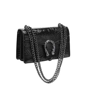 CEDDEOS Trendy Chian Strap Crossbody Shoulder Bags Clutch Purses for Women, Luxury Snake Print PU Leather Fashion Square Satchel Ladies Evening handbag Black