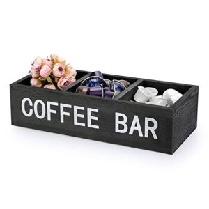 ELLDOO Coffee Bar Wooden Storage Box with Removable Grids, Coffee Station Organizer Coffee Pod Holder Storage Rustic Coffee Accessories for Counter Farmhouse Kitchen Home Decor, Black