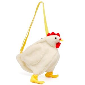Women Cute Cartoon Chicken Animal Fluffy Shoulder Handbag Teenager Girl Rooster Shoulder Bag Plush Crossbody Bag (White)