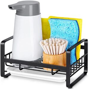 HULISEN Kitchen Sink Sponge Holder, 304 Stainless Steel Kitchen Soap Dispenser Caddy Organizer, Countertop Soap Dish Rack Drainer with Removable Drain Tray, not Including Dispenser and Brush, Black