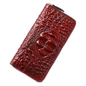 Women Leather Wallet RFID Designer crocodile Large Capacity Credit Cards Holder Organizer Phone Clutch (Wine)