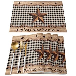 Placemats for Dining Table Set of 6 Western Texas Star and Primitive Berries Country Wooden Plank Table Mats for Home Kitchen Restaurant Independence Day Party Decoration,Washable