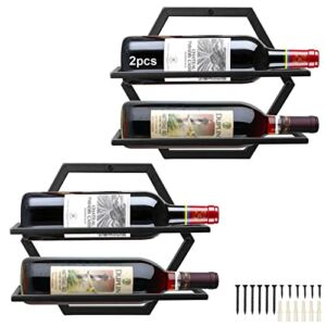 2Pcs Wall Mounted Wine Bottle Rack, Metal Hanging Wine Display Holder Organizer, Red Wine Racks for Home Kitchen Bar Decor Storage(Black) (B2)