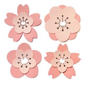 Set of 4 PVC Sakura Coasters Non-Slip Tea Mug Mats Pot Bowl Pad Placemat Kawaii Flower Table Decor Placemat Pink Cup Mat Cherry Blossom Accessories (4.5in)