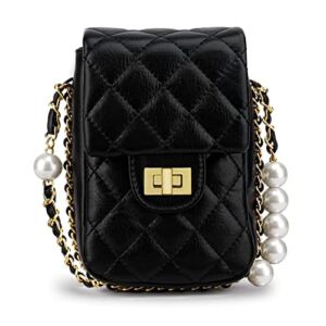Crossbody Phone Purse, Small Cell Phone Crossbody Bag, Leather Shoulder Bag Quilted Purse with Pearls Chain for Women Girls