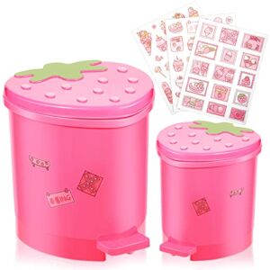 2 Pieces Strawberry Desk Trash Can Cute Trash Can Kawaii Mini Trash Can for Desk Mini Garbage Can Plastic Strawberry Kitchen Waste Bin with Sticker for Car Office Home Bedroom Bathroom Decor (Pink)