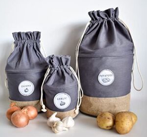 MERAKI HOME Potato Onion Garlic Storage Containers – Farmhouse Kitchen Storage Organization Pots – Sustainable Jute Cotton Vegetable Baskets for Pantry – Potatoes Onions Garlic Bin – Drawstring Holder
