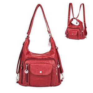 Riavika Hobo Bags for Women Large Soft Washed Leather Purse and Hand Bags Convertible Backpack with Multi Pockets Women’s Shoulder Bag Anti-theft Cross Body Bag Wine Red