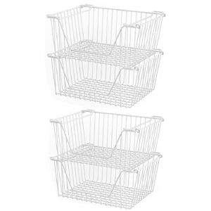 Slideep 14” Large Stackable Storage Baskets Cabinet Organizer Sturdy Metal Wire Pantry Freezer Bin for Pantry Home Bathroom Kitchen Organization White – 4 Pack
