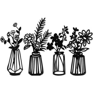 LORYDECO Metal Art Flowers Wall Decor Set of 4, Iron Black Floral with Vases Sculpture, Home Decor for Bathroom Living Room Bedroom Kitchen Patio Balcony