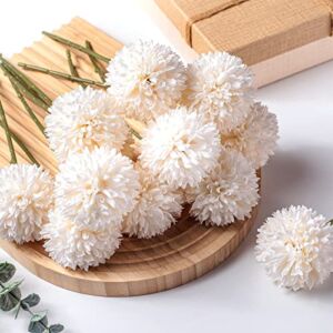 24 Pcs Chrysanthemum Flowers Artificial Ball Flowers Bouquet Long Stem Flowers Chrysanthemum Faux Flowers Hydrangea Boho Floral Tables Centerpieces for Home Kitchen Wedding Party Decorations (White)