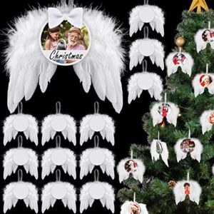 Christmas White Angel Wings Ornament Hanging, Feather Hanging Decor with Sublimation Blank Pendants for Christmas Tree Crafts Angel Wings Xmas Decor (Round Style, 48 Pcs)