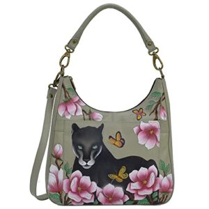 Anna by Anuschka womens Anna Anuschka Women s Genuine Leather Large Classic Hobo Hand Painted Original Artwork Exterior, Garden Panther, One Size US