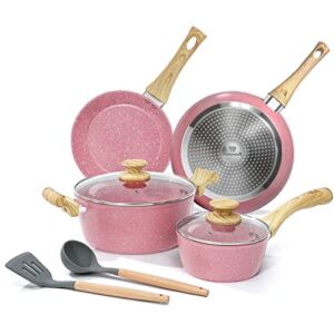 Nonstick Cookware Sets, 8 Piece Pots and Pans Set, Granite Stone Cookware Non Stick Frying Pan Set with Stay Cool Handles, Pink kitchen Cookware Sets 100% PFOA-Free, Toxin-Free, Induction Compatible
