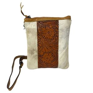 Urbalabs Western Crossbody Purse Genuine CowHair Floral Tooled Leather Handbag Tote Bag Women Zipper Hand Stitched (Light Brown)