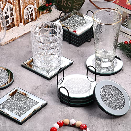 Mimorou 14 Pcs Glass Mirrored Coasters with Holder Set, 12 Round Square Crushed Diamond 4 Inch Bling Crystal Cup Mat 2 Black Decor on Tabletop for Coffee Dining Table | The Storepaperoomates Retail Market - Fast Affordable Shopping
