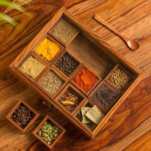 Frienemy Presents Twelve Blends Spice Box with 12 Containers & Spoon in Sheesham Wood – Wooden Spice Box Set for Kitchen Masala Spice Boxes Masala Daani Namak Dani #Frienemy-214
