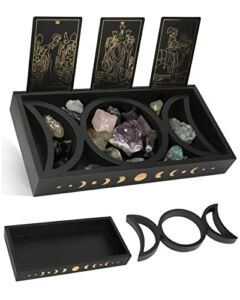 Crystal Display Moon Tray Tarot Card Holder Stand, Wiccan Decor & Witchy Accessories & Pagan Altar Supplies, Black Wooden Storage Organizer Box for Rocks Healing Stones Jewelry Home Decorative