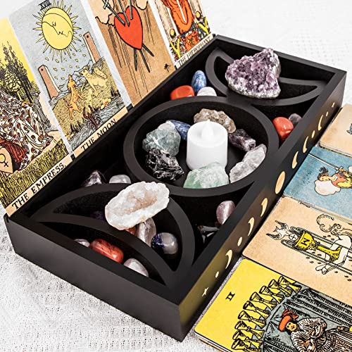 Crystal Display Moon Tray Tarot Card Holder Stand, Wiccan Decor & Witchy Accessories & Pagan Altar Supplies, Black Wooden Storage Organizer Box for Rocks Healing Stones Jewelry Home Decorative | The Storepaperoomates Retail Market - Fast Affordable Shopping