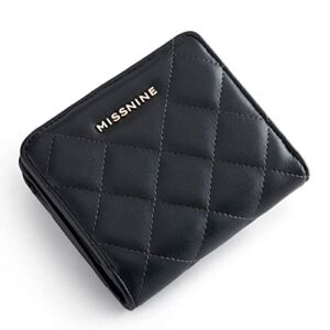 Missnine Small Wallet for Women RFID Card Holder, Compact Ladies Wallet Black Quilted Bifold Purse with ID Window and Coin Pocket