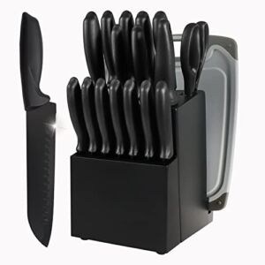 HHXRISE Knife Block Set, 18 Pieces Kitchen Knife Set with Wood Block, Cutlery with Knife Sharpener&14 Knives, Shear and 1pcs Plastic Cutting Board Included for Kitchen