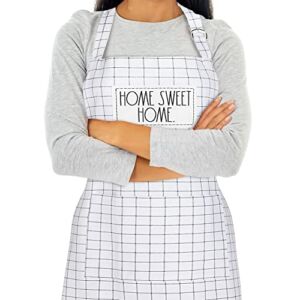 Rae Dunn Kitchen Apron for Adults, Adjustable Aprons for Cooking with Long Strap and Ties, Baking, BBQ, Machine Washable, Cotton Window Pane Apron Embroidered HOME SWEET HOME