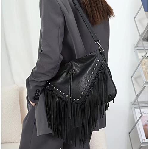 IAMUHI Casual Rivets Fringed Shoulder Handbag for Women/Girls,Soft Vegan Leather Hippie Crossbody Purse Bag Black | The Storepaperoomates Retail Market - Fast Affordable Shopping