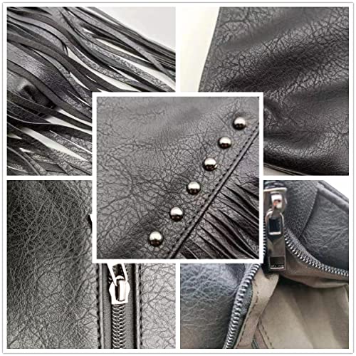IAMUHI Casual Rivets Fringed Shoulder Handbag for Women/Girls,Soft Vegan Leather Hippie Crossbody Purse Bag Black | The Storepaperoomates Retail Market - Fast Affordable Shopping