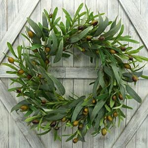 AMF0RESJ 20 inches Artificial Green Olive Wreath Greenery Wreath with Olive Leaves,Olive Bean for Front Door Indoor Outdoor Farmhouse Home Wall Window Festival Wedding Decor, White Gift Box Included