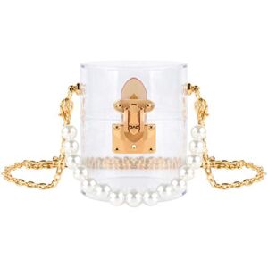 Mini Clear Purse, Tiny Acrylic Box Clutch Purses, Evening Clutch Bag for Women, Transparent Crossbody Shoulder Handbags with Pearl Chain and Gold Chains