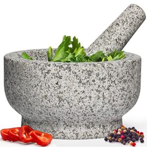Heavy Duty Natural Granite Extra Large Mortar and Pestle Set, Hand Carved, Make Fresh Guacamole at Home, Solid Stone Grinder Bowl, Herb Crusher, Spice Grinder, 7″ Wide, 4 Cup, Grey